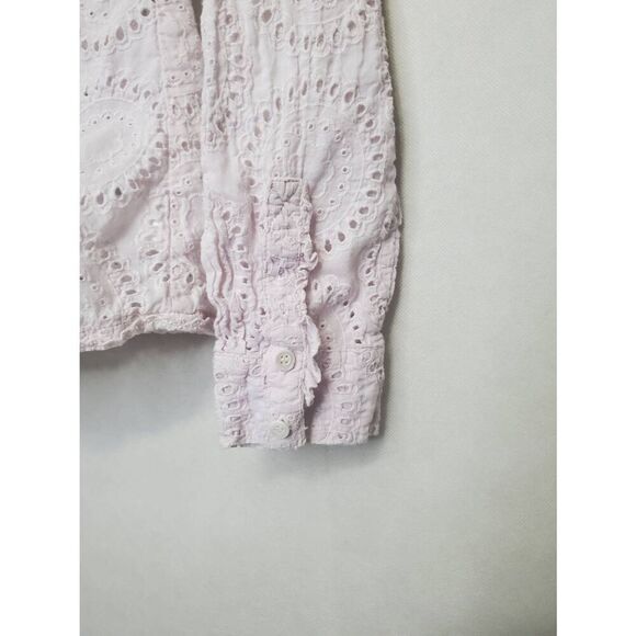 Johnny Was Slim Fit Cotton Eyelet Ruffle Pale Lavender Pearl Button Up Shirt - Picture 3 of 6